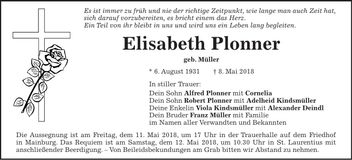 Traueranzeige Elisabeth Maria Plonner