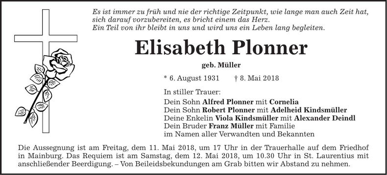 Traueranzeige Elisabeth Maria Plonner