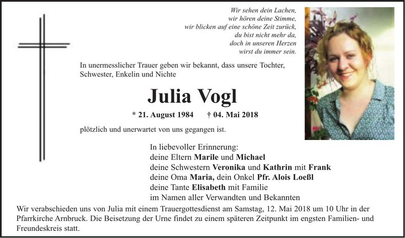 Traueranzeige Julia Vogl