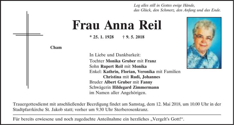 Traueranzeige Anna Reil