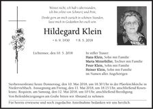 Traueranzeige Hildegard Klein