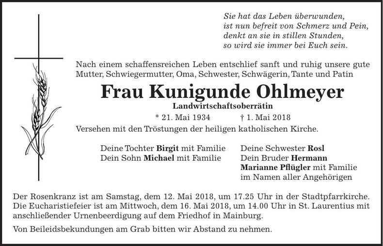 Traueranzeige Kunigunde Ohlmeyer