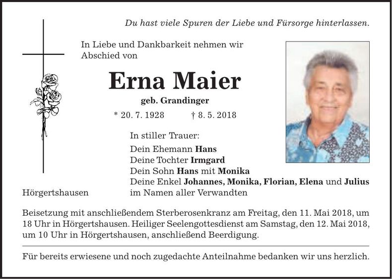 Traueranzeige Erna Maier