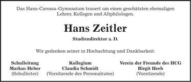Traueranzeige Hans Zeitler