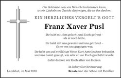 Traueranzeige Franz Xaver Pusl