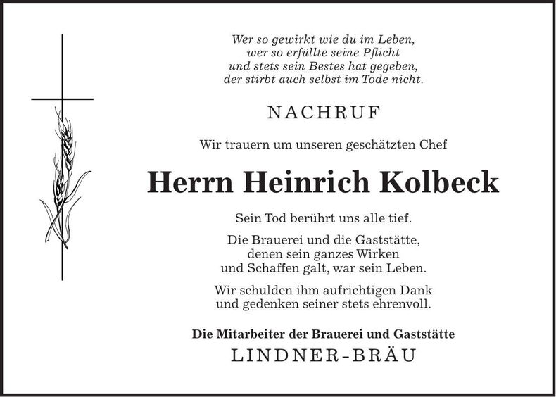 Traueranzeige Heinrich Kolbeck