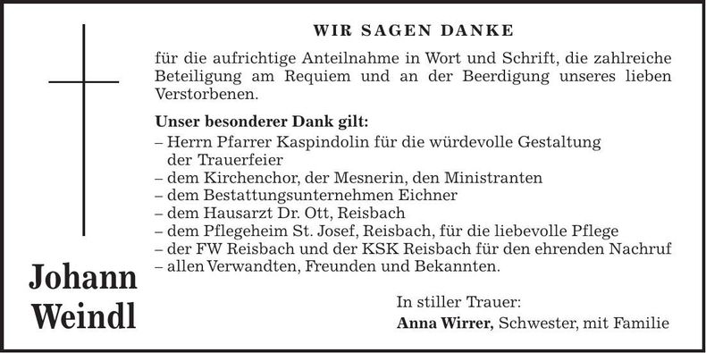 Traueranzeige Johann Weindl