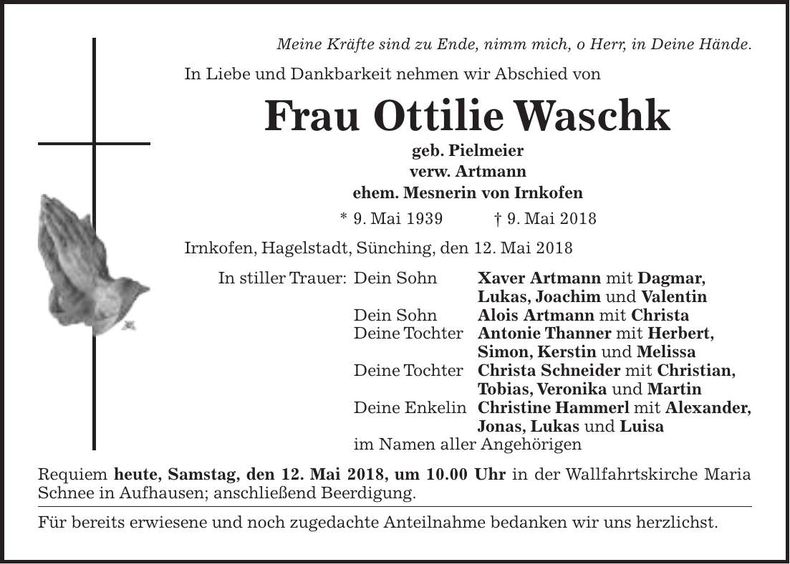 Traueranzeige Ottilie Waschk
