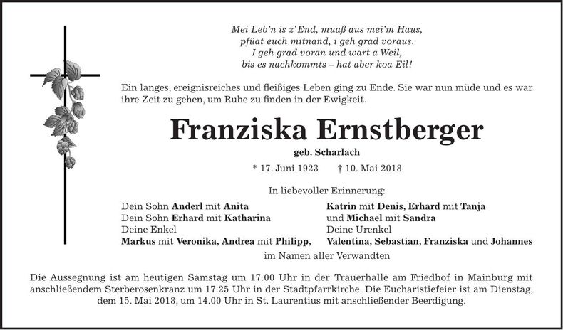 Traueranzeige Franziska Ernstberger