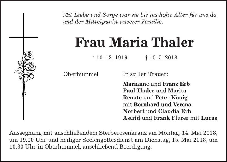 Traueranzeige Maria Thaler