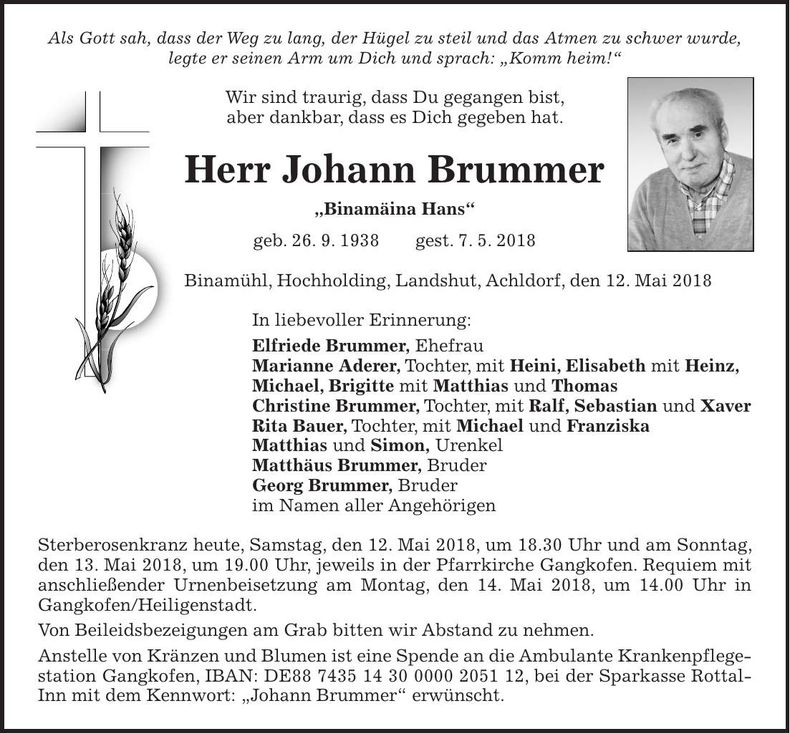 Traueranzeige Johann Brummer