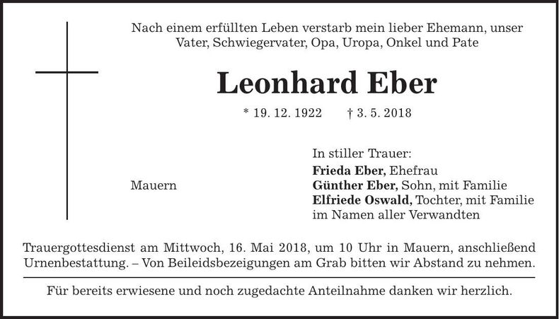 Traueranzeige Leonhard Eber