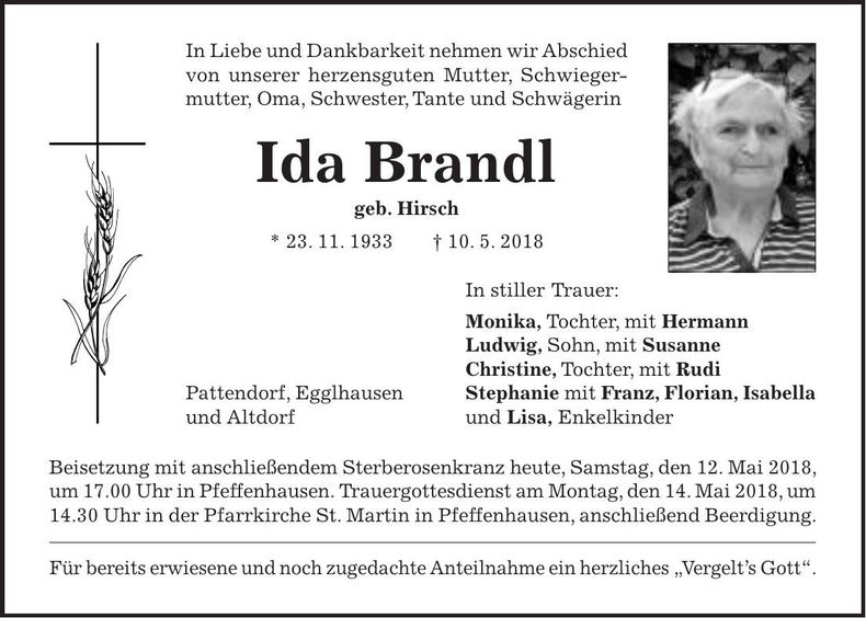 Traueranzeige Ida Brandl