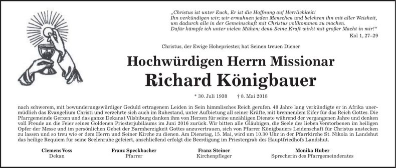 Traueranzeige Richard Hochwürden Herrn Missionar Königbauer