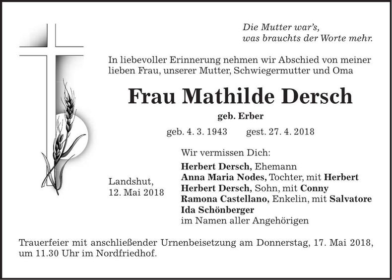 Traueranzeige Mathilde Dersch