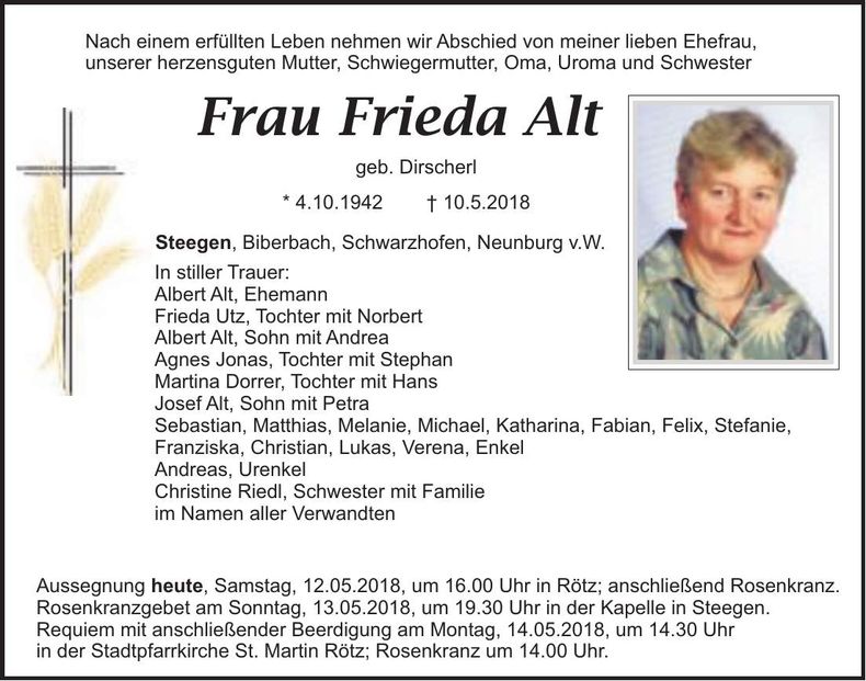 Traueranzeige Frieda Alt