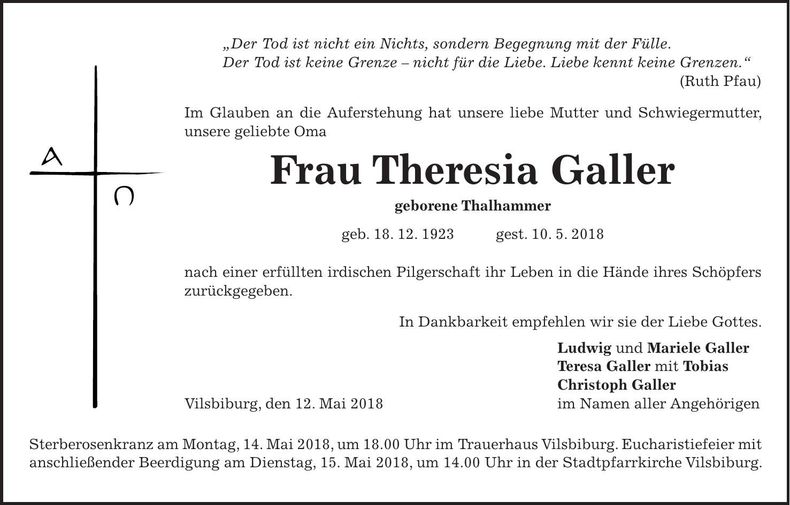 Traueranzeige Theresia Galler