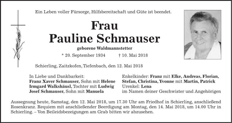 Traueranzeige Pauline Schmauser