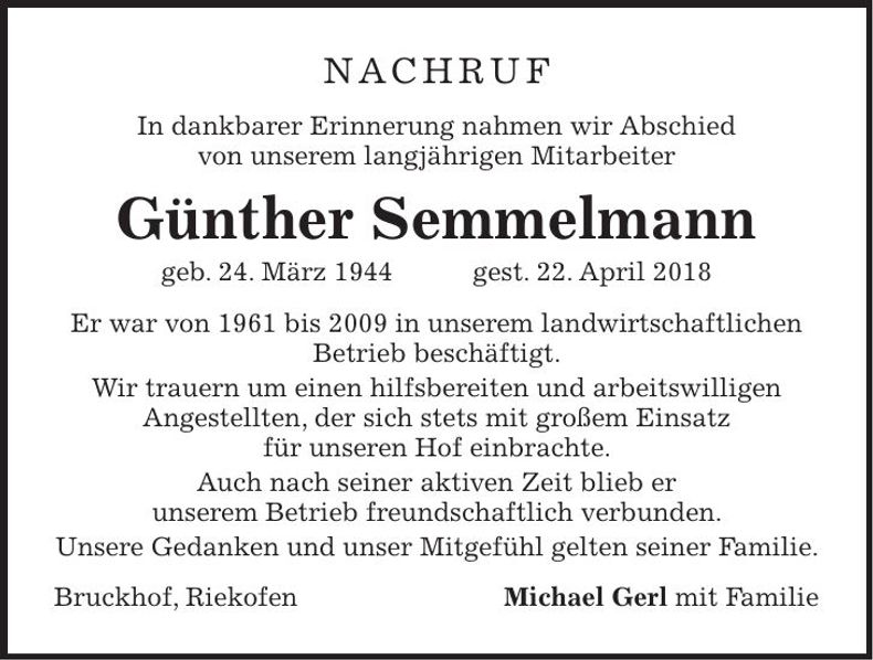 Traueranzeige Günther Semmelmann