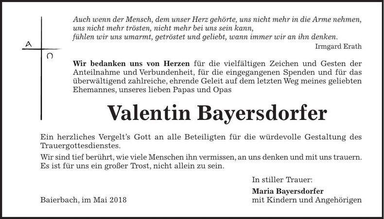 Traueranzeige Valentin Bayersdorfer