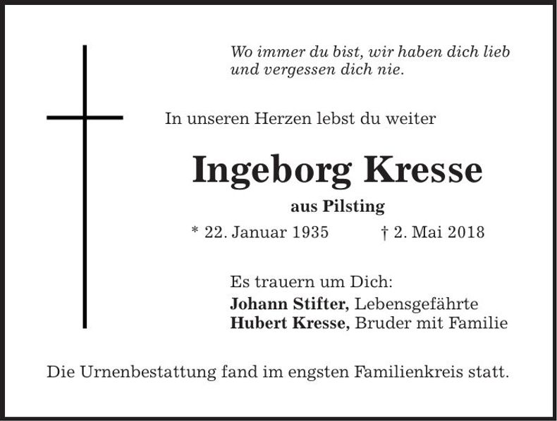 Traueranzeige Ingeborg Kresse