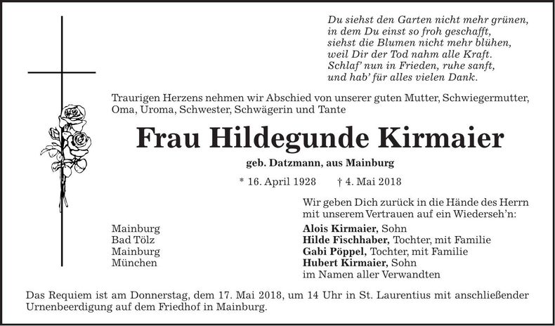 Traueranzeige Hildegunde Kirmaier