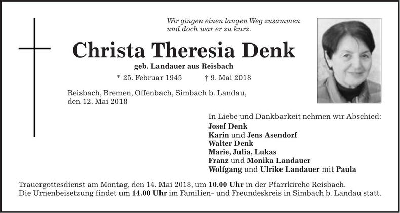 Traueranzeige Theresia Denk