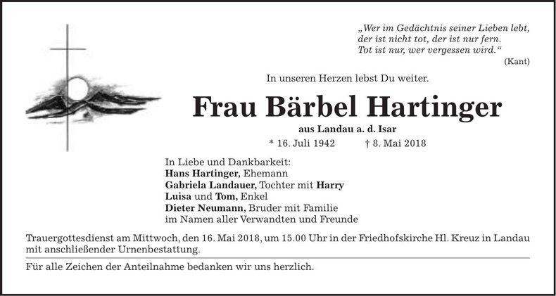 Traueranzeige Bärbel Hartinger