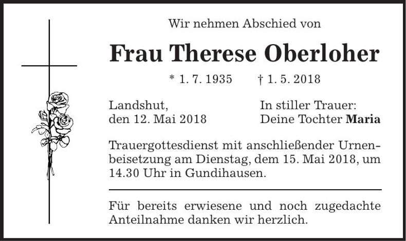 Traueranzeige Therese Oberloher