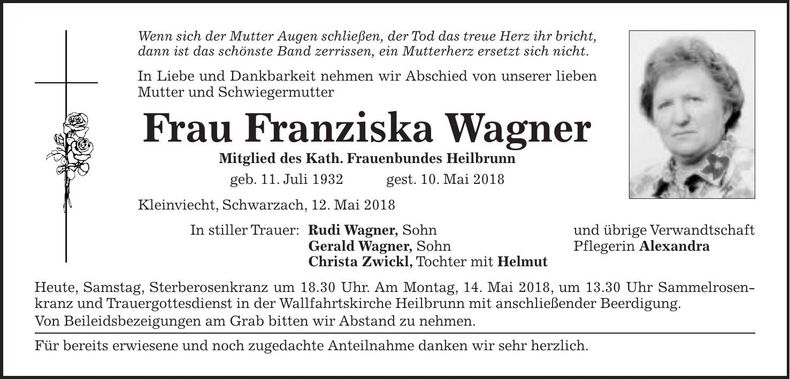 Traueranzeige Franziska Wagner