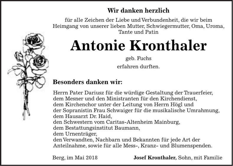 Traueranzeige Antonie Kronthaler