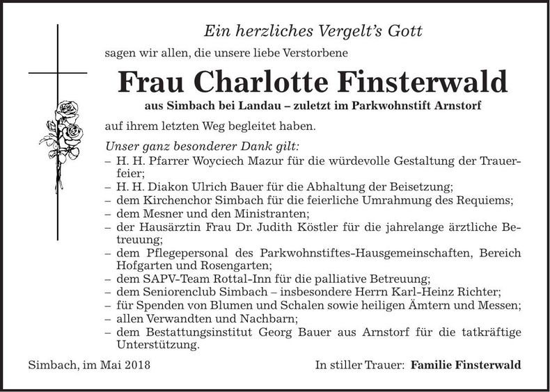 Traueranzeige Charlotte Finsterwald