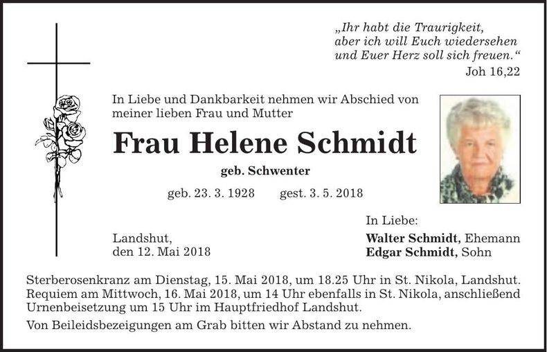 Traueranzeige Helene Schmidt