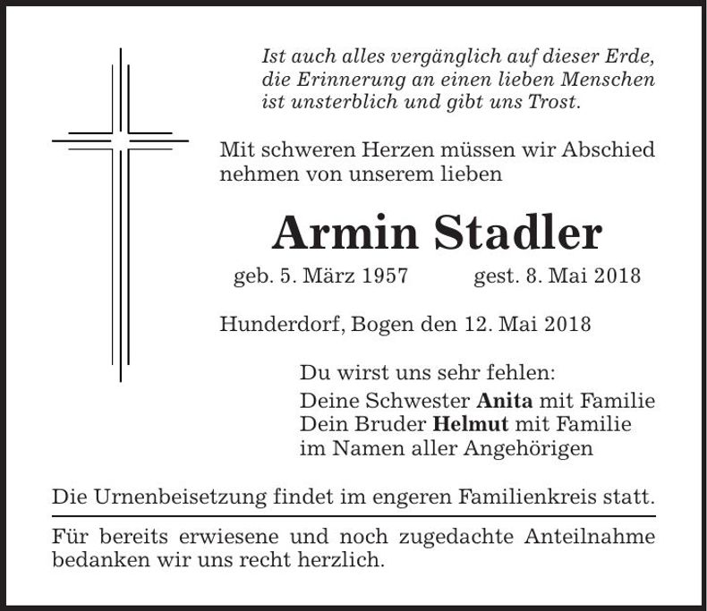 Traueranzeige Armin Stadler