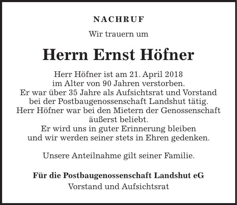 Traueranzeige Ernst <Höfner