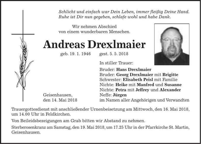 Traueranzeige Andreas Drexlmaier