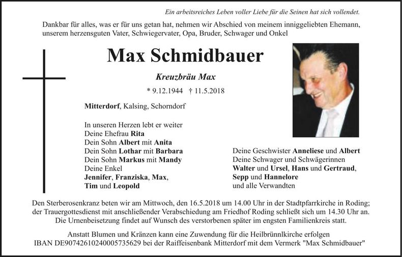 Traueranzeige Max Schmidbauer