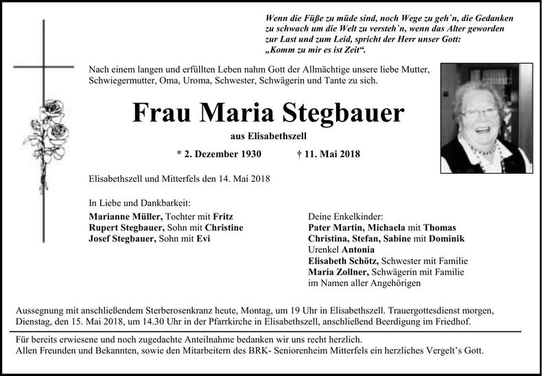 Traueranzeige Maria Stegbauer