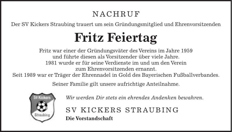 Traueranzeige Fritz Feiertag