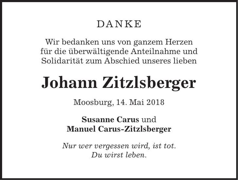 Traueranzeige Johann Zitzelsberger