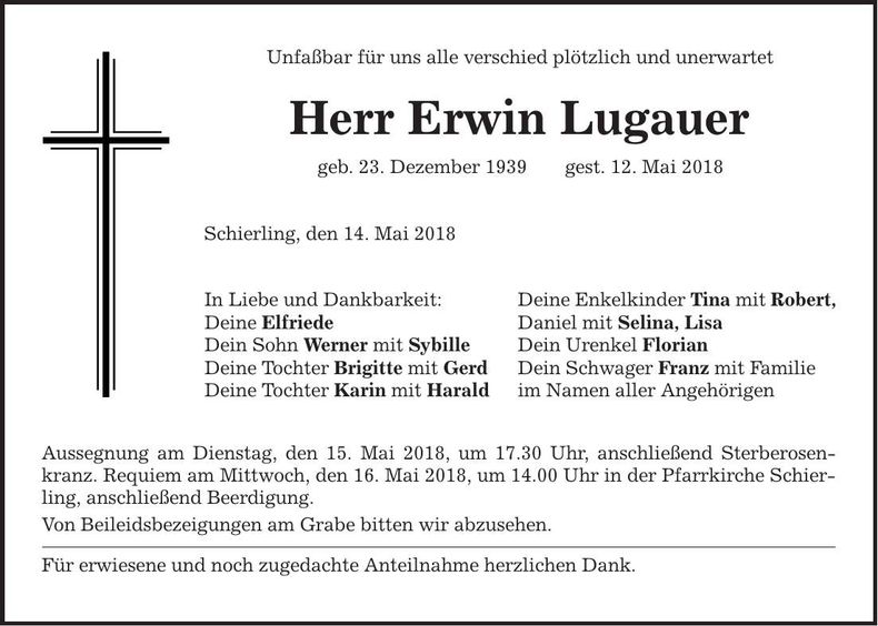 Traueranzeige Erwin Lugauer