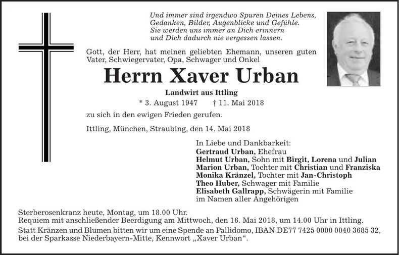 Traueranzeige Xaver Urban