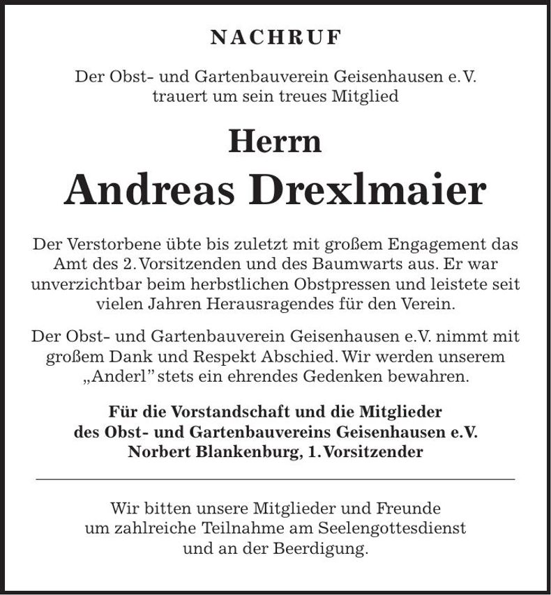 Traueranzeige Andreas Drexlmaier