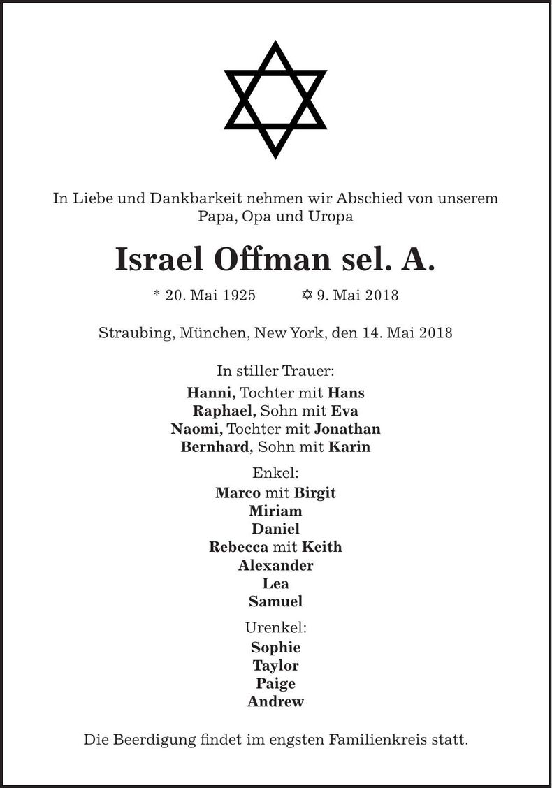 Traueranzeige Israel Offman