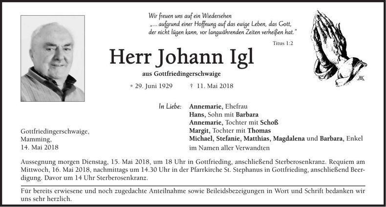 Traueranzeige Johann Igl