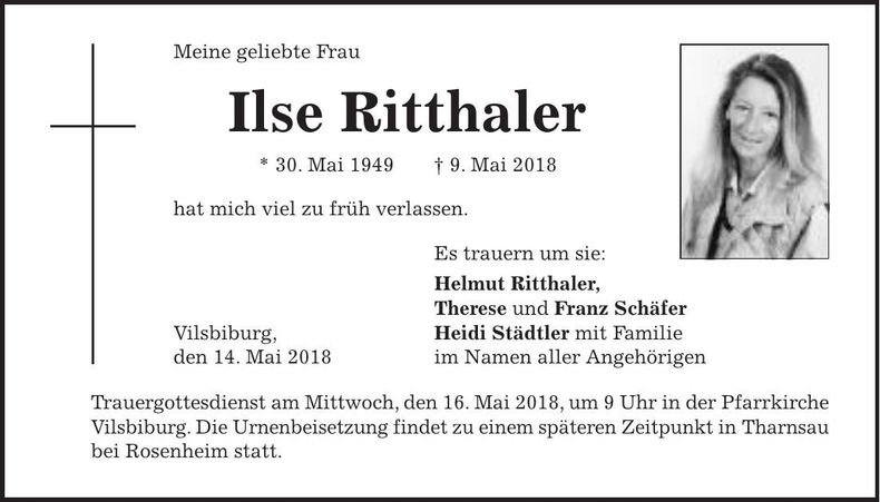 Traueranzeige Ilse Ritthaler