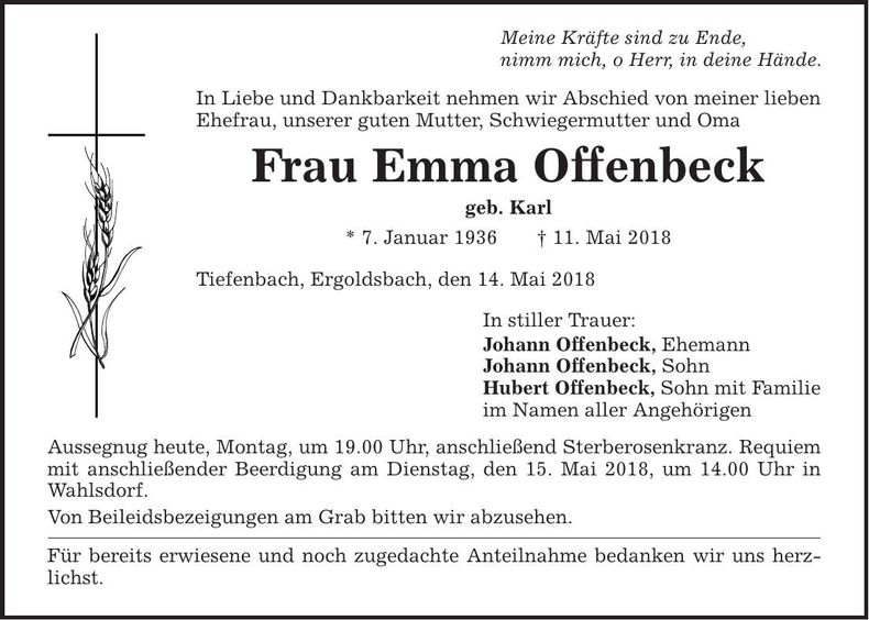 Traueranzeige Emma Offenbeck