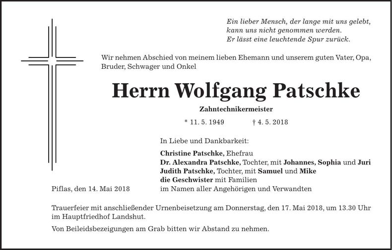 Traueranzeige Wolfgang Patschke