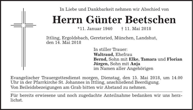 Traueranzeige Günter Beetschen