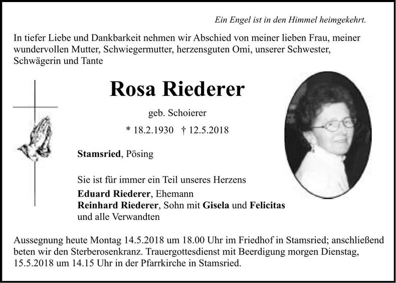 Traueranzeige Rosa Riederer